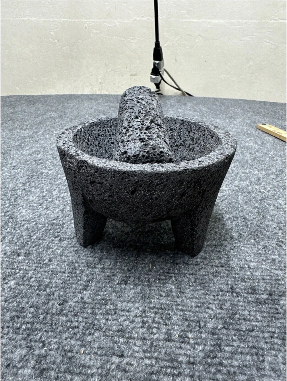 Traditional Gray Three Legged Lava Stone Rock Molcajete Mortar And Pestle Set